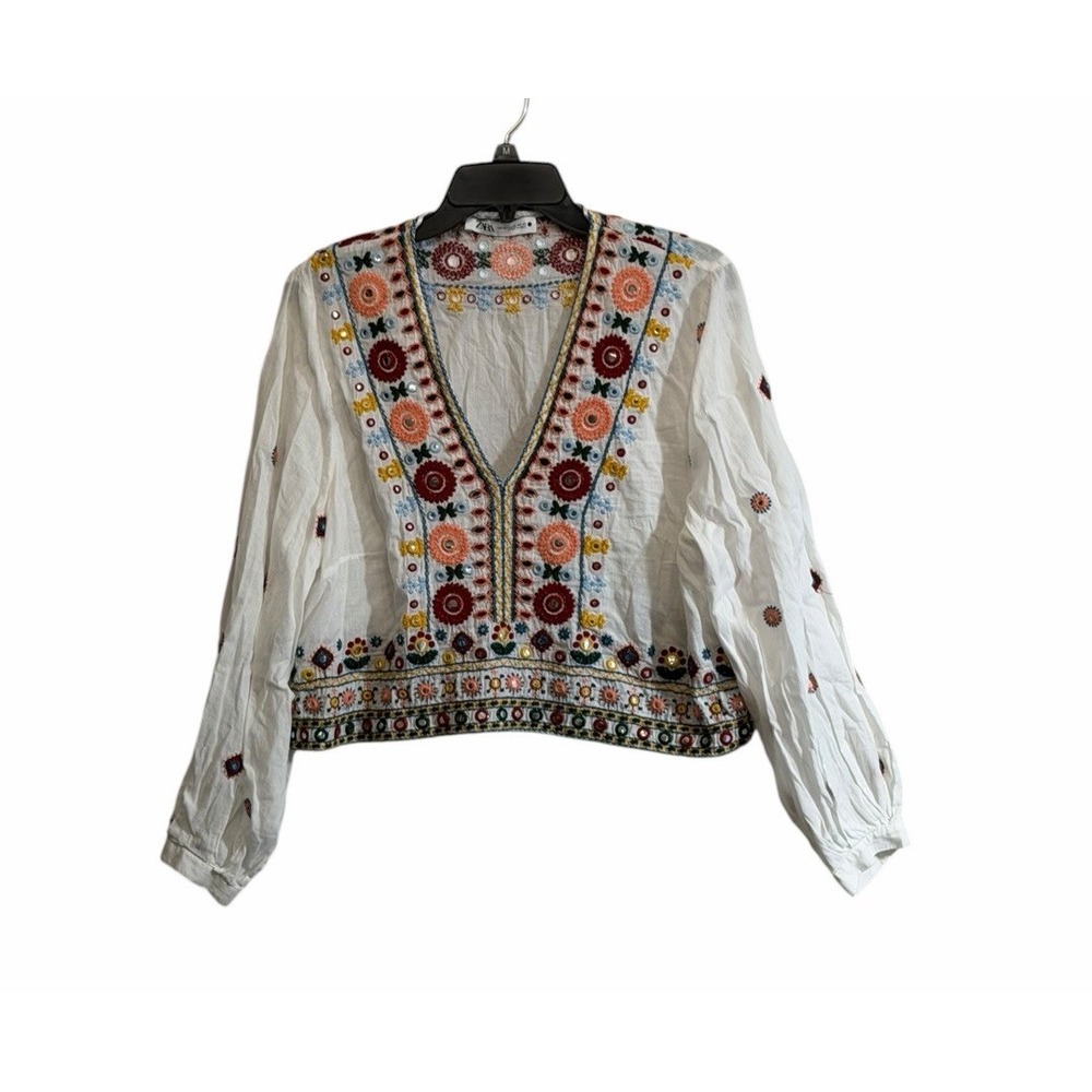 Zara XL White Crop Blouse Multicolor Floral Embroidered V-Neck Festival Folk